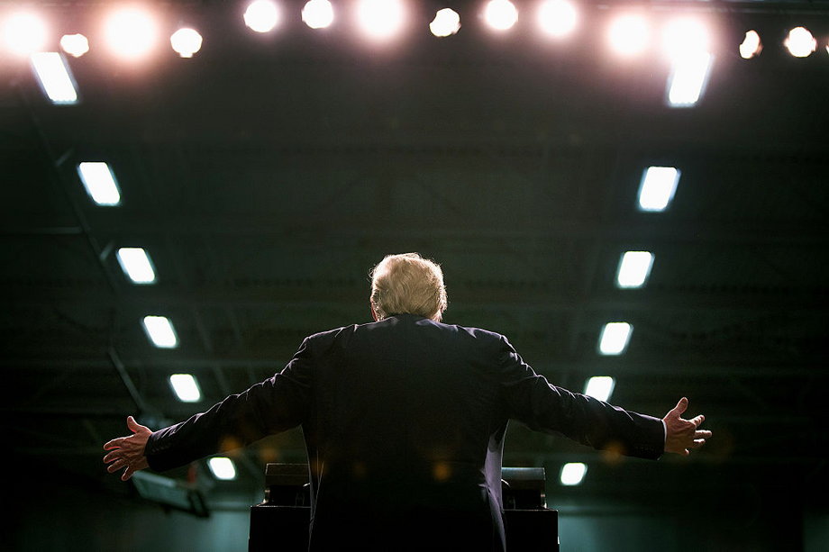 Republican presidential candidate Donald Trump speaks to guests during a rally at Macomb Community College on March 4, 2016, in Warren, Michigan.