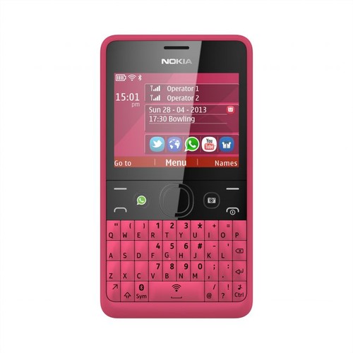 Nokia Asha 210
<br><br>
Ekran:  TFTm 2,4 cala
<br>
Pamięć: 10 MB pamięci flash +Slot na kartę microSDHC (do 32 GB)
<br>
Aparat: 2mpx
<br>
Komunikacja: Bluetooth 2.0+EDR, GPRS, EDGE
<br>
Wymiary: 111,5 x 60 x 11,8 milimetra
<br>
Waga: 99,5 grama (z akumulatorem)
<br>
Dodatki: przycisk WhatsApp i Nokia Slam