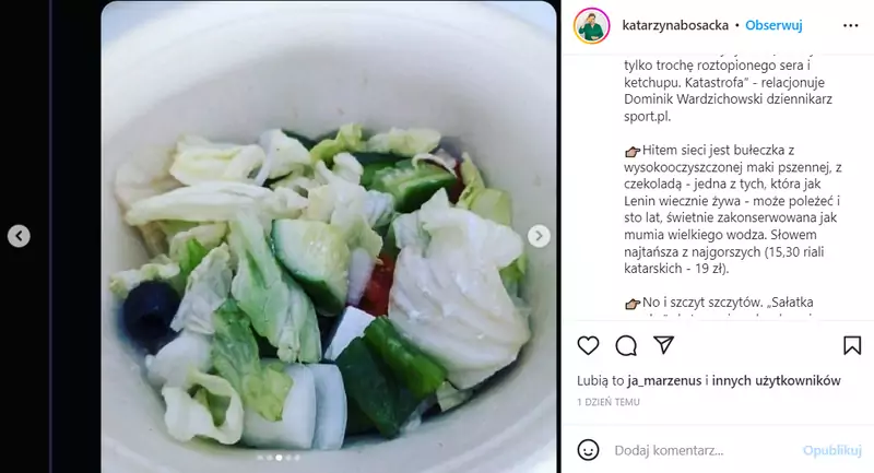 Sałatka &quot;z serem feta&quot;, którą mogą kupić kibice / Instagram @katarzynabosacka