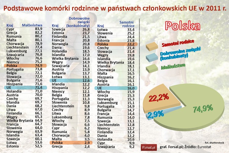Na podstawie danych ze spisu powszechnego w 2011 r., widać, że przytłaczająca większość rodzin (więcej niż 7 z 10, czyli 71,4 proc.) w UE była złożona z małżonków z dziećmi lub bez. 
<br>
W poszczególnych państwach członkowskich, najwyższy odsetek rodzin składających się z małżeństw odnotowano na Cyprze (83,9 proc.), w Grecji (82,2 proc.), Rumunii (80,2 proc.) i na Malcie (80,1 proc.). Na przeciwnym biegunie znalazły się dwa kraje bałtyckie Estonia i Łotwa, gdzie odsetek rodzin składających się z małżeństw był najmniejszy. W Estonii małżeństwa tworzyły tylko nieco ponad połowę rodzin 52,5 proc.), a na Łotwie (53,6 proc.).
<br>
Najwięcej dobrowolnych związków tworzyli w 2014 r. obywatele Szwecji i Estonii. Najwięcej samotnych rodziców było na Łotwie i Słowacji.
<br>
Na tym tle konserwatywna Polska nie jest liderem pod względem rodzin małżeńskich. W tej kategorii zajmujemy dopiero 11 pozycję, za Niemcami. W Polsce 74,9 proc. rodzin to małżeństwa, natomiast 2,9 to konkubinaty. Pozostałe 22,2 proc. to samotni rodzice.