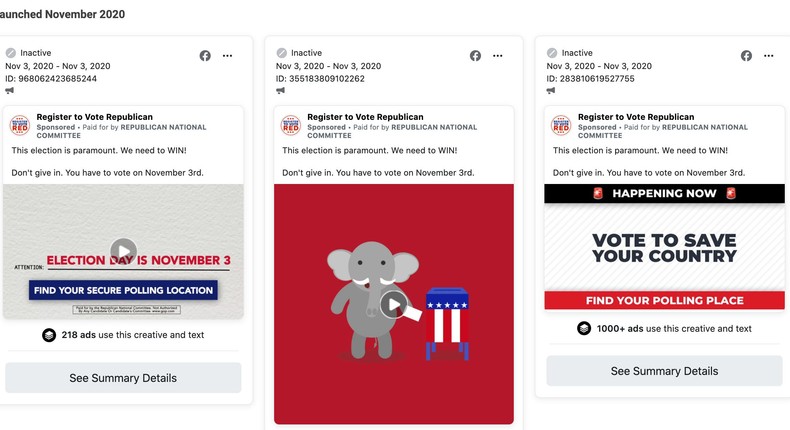 A handful of examples of ads run by the Republican National Committee on Facebook in the week before the election.