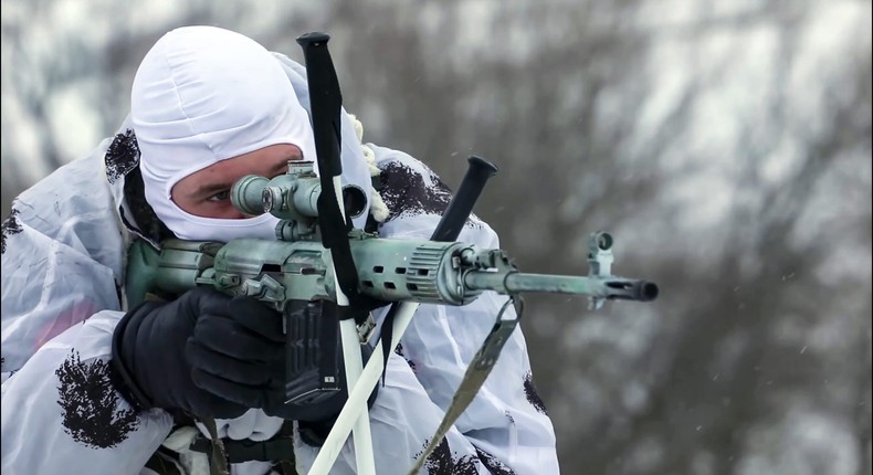 Sniper soldiers seen during a tactical drill in Tambov Oblast (Tambovskaya), Russia on February 09, 2022.