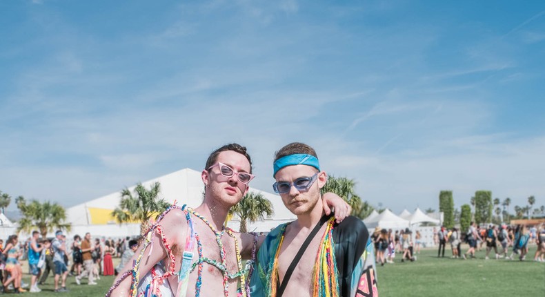 TJ Sonnier, a 26-year-old artist from Los Angeles, handmade his outfit from rainbow fringe fabric and lanyards. He helped Russell Thomas, a 21-year-old student, put together his outfit from $30 thrift store finds and a piece of his from Di$count Universe, an Australian fashion brand. Why would you come here and buy a shirt? It should be your own vibe, Sonnier said.