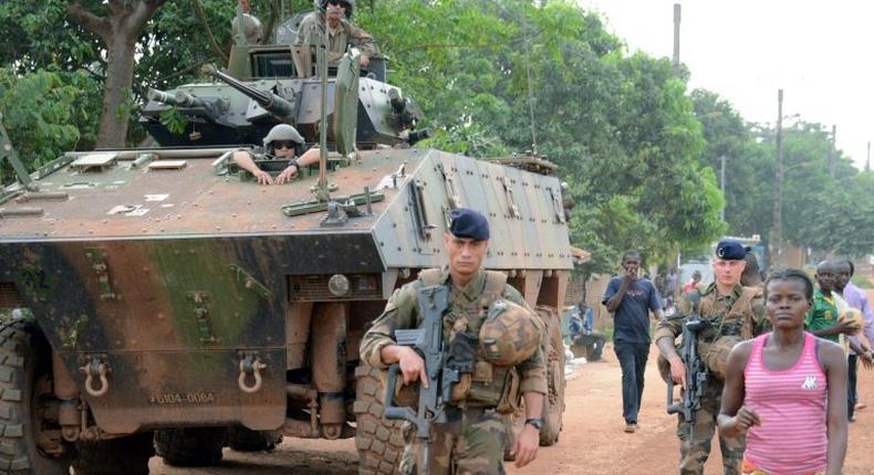 French soldiers patrol a street in Bangui, the capital of the Central African Republic