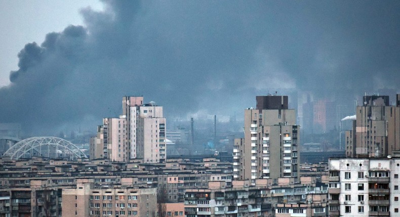 A plume of smoke rises above an infrastructure facility in the Holosiivskyi district during Russia's mass missile attack on, Kyiv, Ukraine, on March 9, 2023.Eugen Kotenko / Ukrinform / Future Publishing via Getty Images