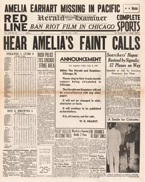 Strona gazety informująca o zaginięciu Amelii Fot. John Frost Newspapers/Mary Evans Picture Library/East News