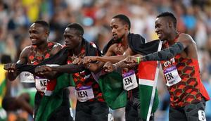 BIRMINGHAM, ENGLAND - AUGUST 07: Bronze medalists Team Kenya celebrate following the Men's 4 x 400m Relay - Final on day ten of the Birmingham 2022 Commonwealth Games at Alexander Stadium on August 07, 2022 on the Birmingham, England. (Photo by Shaun Botterill/Getty Images)