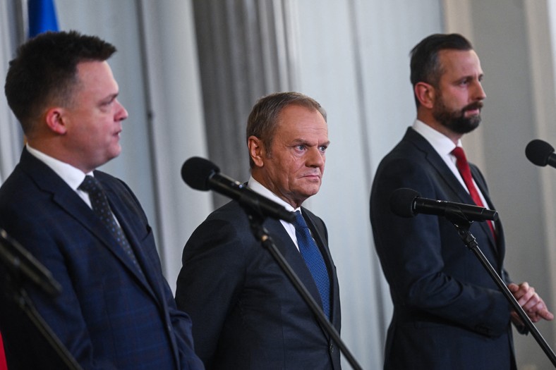 Donald Tusk, Szymona Hołownia i Władysław Kosiniak Kamysz, 24 października 2023 r.