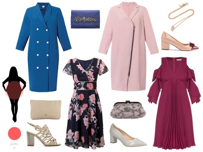 Sukienki odpowiednie dla sylwetki JABŁKO: niebieska sukienka - Grandio/grandio.pl, różowa sukienka - Grandio/grandio.pl, czarna sukienka w kwiaty - Trynite/trynite.pl, bordowa sukienka-  Modern Line/modernline.pl, szare czółenka - Caprice/caprice.pl, czółenka nude - Menbur/menbur.pl, złote sandały - Menbur/menbur.pl, torebki - Menbur/menbur.pl, wisiorek - TK MAXX