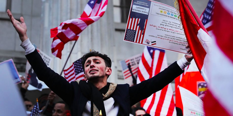 Ethnic Yemenis and supporters protest against President Donald Trump's executive order temporarily banning immigrants and refugees from seven Muslim-majority countries, including Yemen on February 2, 2017 in the Brooklyn borough of New York City.