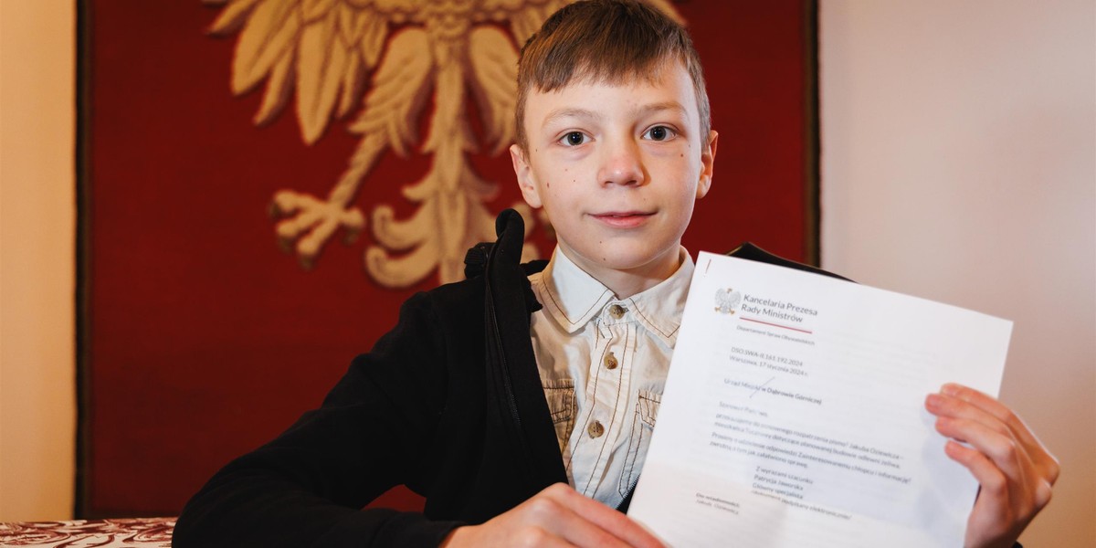 Jakub Oziewicz (12 l.) z Dąbrowy Górniczej Tucznawy napisał list do premiera Donalda Tuska. 