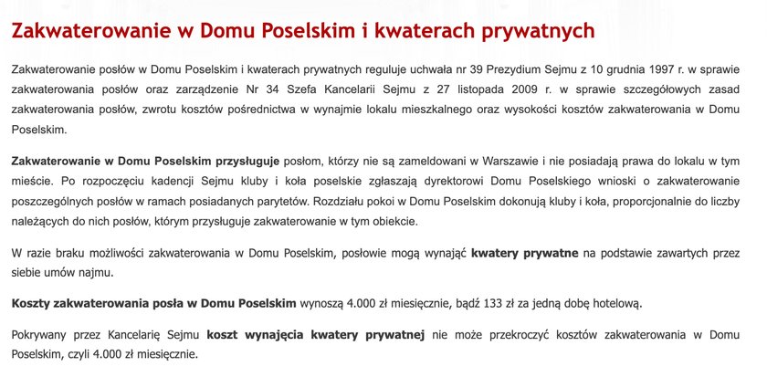 Koszty zakwaterowania posłów.