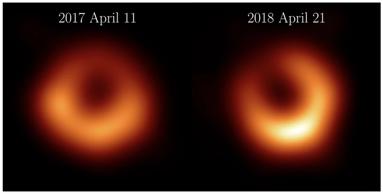Po lewej stronie oglądamy starsze zdjęcie obiektu M87*, a po prawej jego nowszą wersję