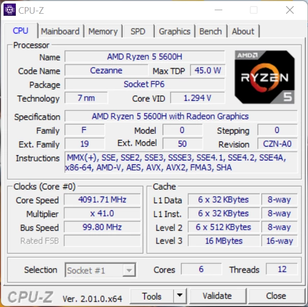 Huawei MateBook 16 – CPU-Z – specyfikacja procesora AMD Ryzen 5 5600H