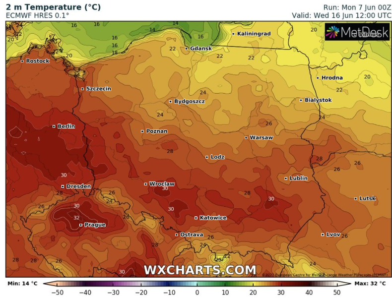 Prognoza temperatury dn. 16.06, g. 14:00