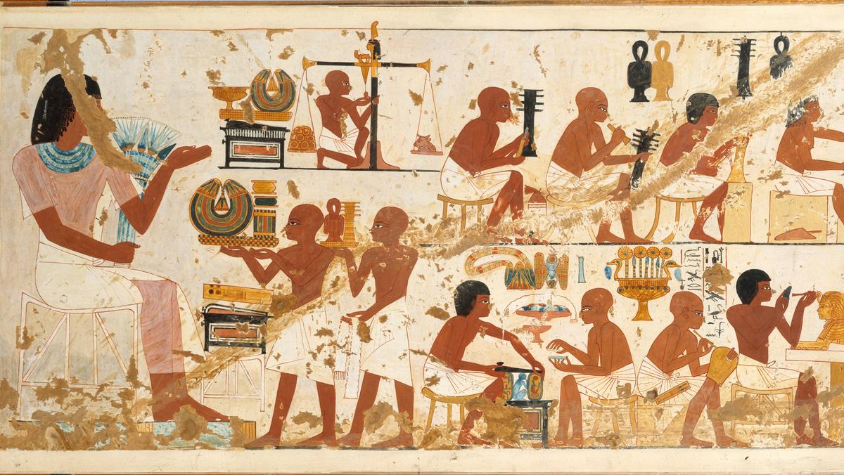 Rzemieślnicy. Egipskie malowidło grobowca Nebamona i Ipukiego z okresu Nowego Państwa. W Egipcie w dziedzinie podziału pracy zachodziły w starożytności przemiany podobne do tych z Mezopotamii