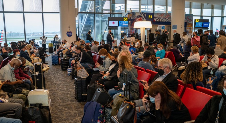 Passengers wait for boarding at LGA.