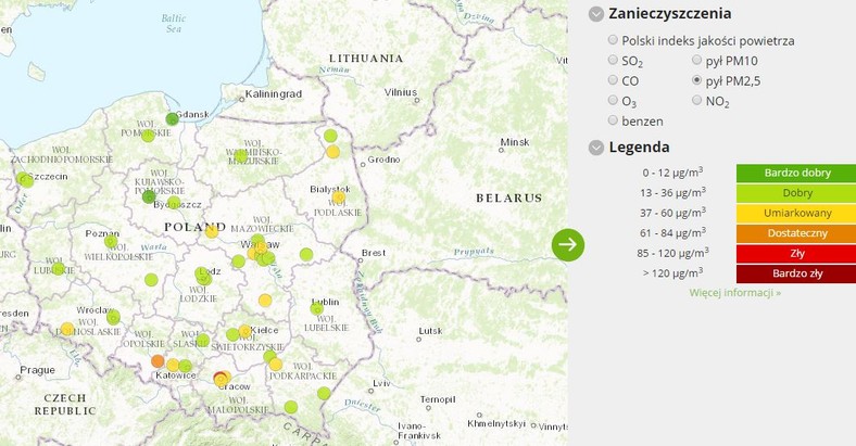 Stężenie pyłu PM2,5 - 2017-02-20 od godziny 08.00 do 09.00