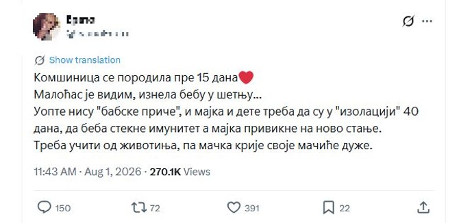 Tvit koji je ponovo izazvao polemiku o tome da li beba sme napolje prvih 40 dana