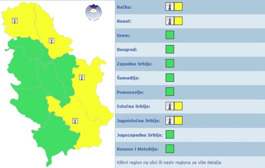 Sutra je žuti meteoalarm upaljen za deo Vojvodine i istok i jug zemlje