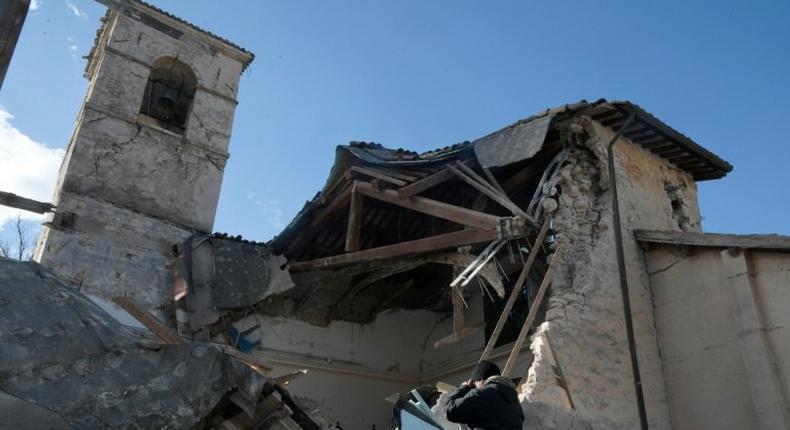 The destroyed church of Borgo Sant'Antonio near Visso, central Italy is pictured on October 27, 2016, following twin earthquakes in the region