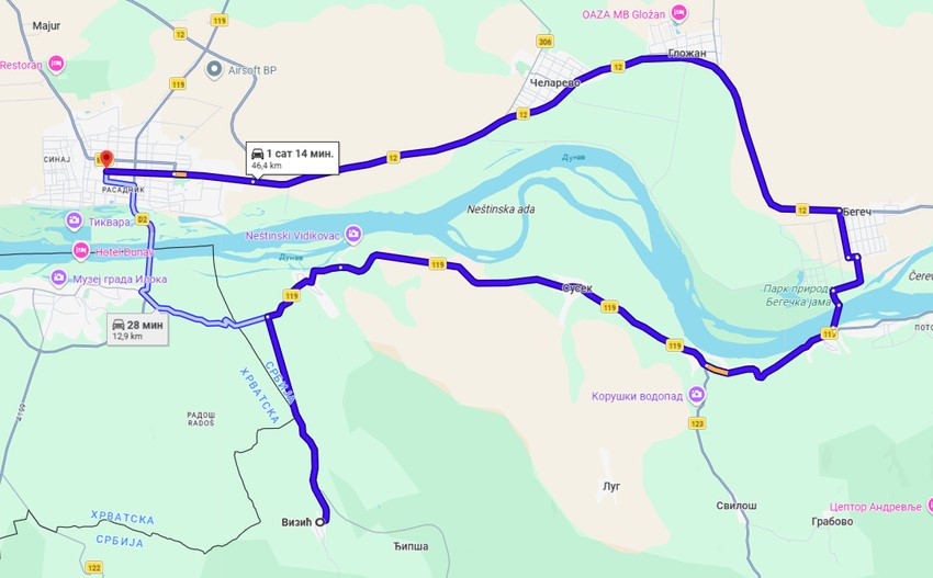 Duža ruta iz Vizića, preko Neština i skele na dunavu do Bačke Palanke
