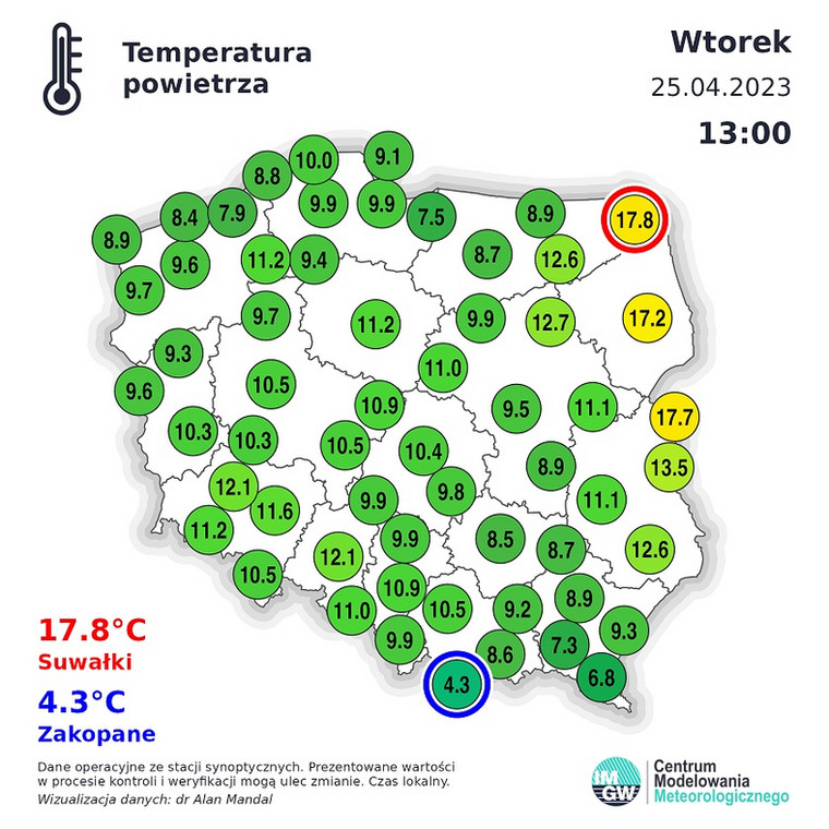 Temperatura w Polsce we wtorek, 25 kwietnia, o godz. 13.00.