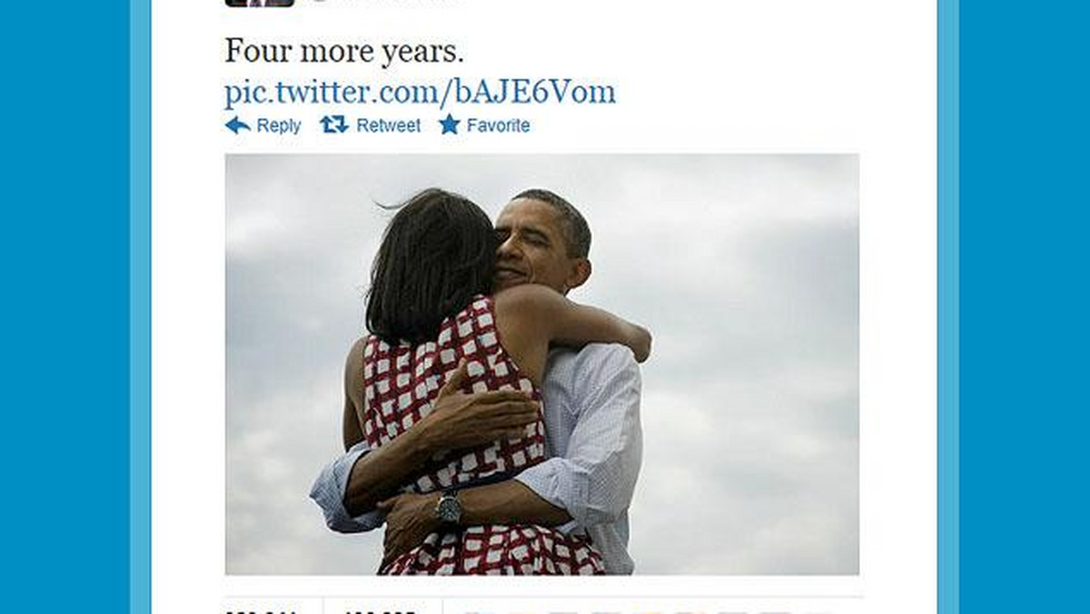 "Jeszcze cztery lata" - tweet Baracka Obamy z chwili, kiedy stało się jasne, że wygrał wybory prezydenckie w USA, został nowym rekordem wszech czasów.