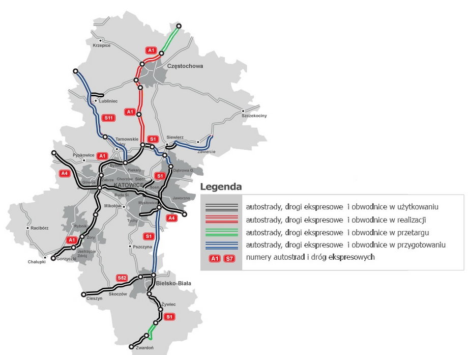 Mapa stanu budowy dróg - woj. śląskie