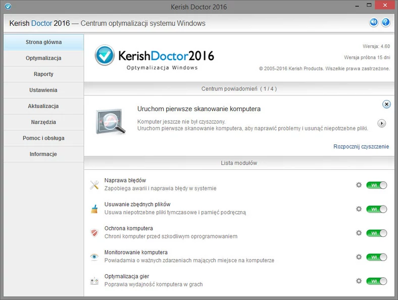 Główne okno programu do optymalizacji systemów operacyjnych Windows - Kerish Doctor 2016