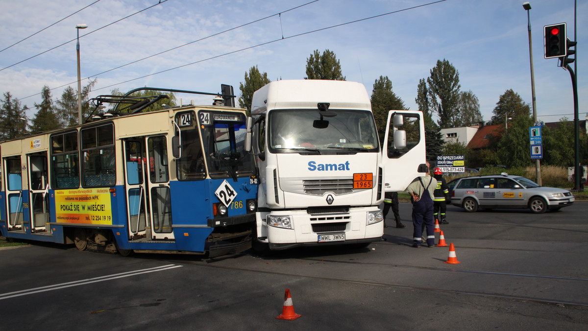 Na ul. Bronowickiej w Krakowie doszło do zderzenia tramwaju z tirem. Ranny został kierowca samochodu.