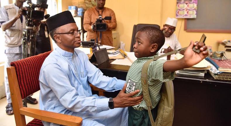 Governor Nasir El-Rufai of Kaduna State in Capital School, Malali, Kaduna, a public school, to enrol their six-year old son Abubakar El-Rufai into a primary school.  [Twitter/GovKaduna]