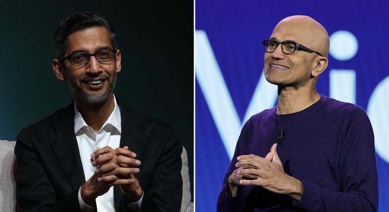 Google CEO Sundar Pichai and Microsoft CEO Satya Nadella both attributed part of their strong quarterly performance to their companies' investment in AI.Justin Sullivan, Ethan Miller/Getty Images