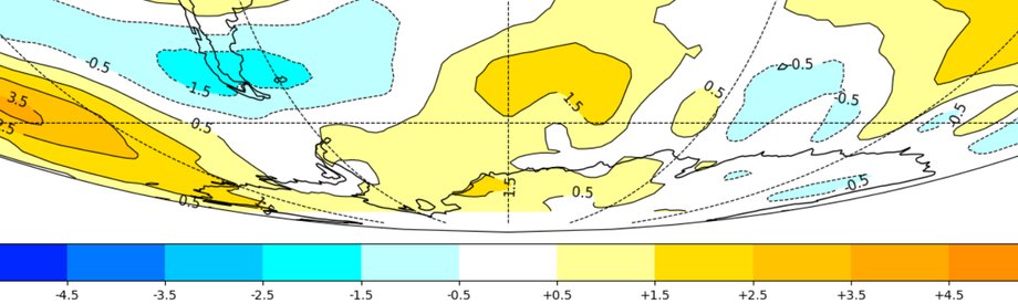 Odchylenie temperatury nad Antarktydą w marcu w porównaniu z średnią 30-letnią