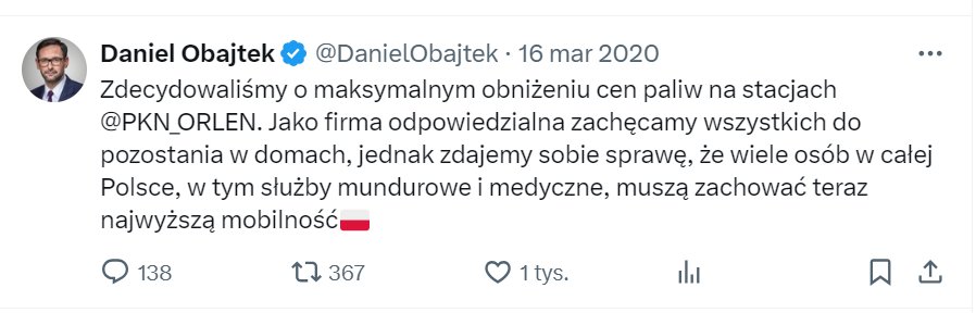 O obniżeniu cen paliw na stacjach Orlenu Daniel Obajtek poinformował 16 marca 2020 r. Źródło: Twitter