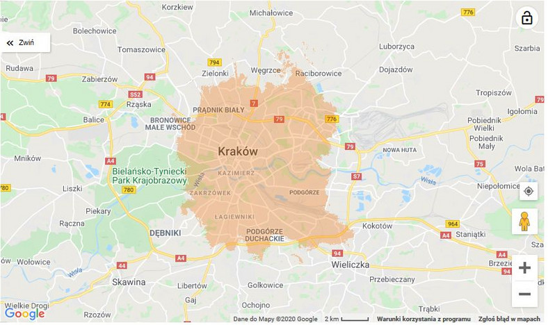 Mapa zasięgu 5G w Orange - Kraków