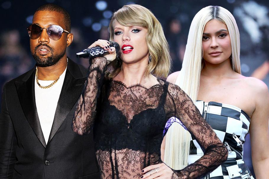 Na czele rankingu znalazły się dwie kobiety: Taylor Swift (w środku) i Kylie Jenner (z prawej). Kanye West jest trzeci