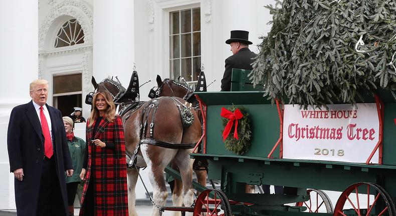 President Donald Trump and first lady Melania Trump spotted the North Carolina-grown Fraser fir Christmas tree at the North Portico on Monday as it made its way to the Blue Room for display at the White House.