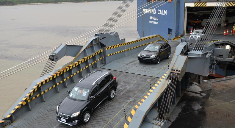 A car carrier discharging imported motor vehicles at the Port of Mombasa.