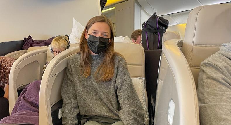 The author in her business-class seat on an Air New Zealand long-haul flight.Monica Humphries/Insider
