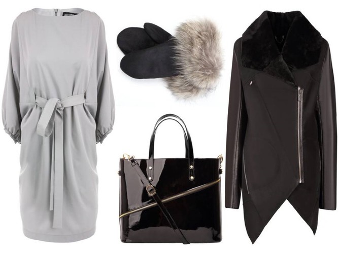 Sukienka - White House/whitehouse.sklep.pl, rękawiczki - Gena/gena.pl, kurtka - Boca/boca.pl, torebka - Boca/boca.pl