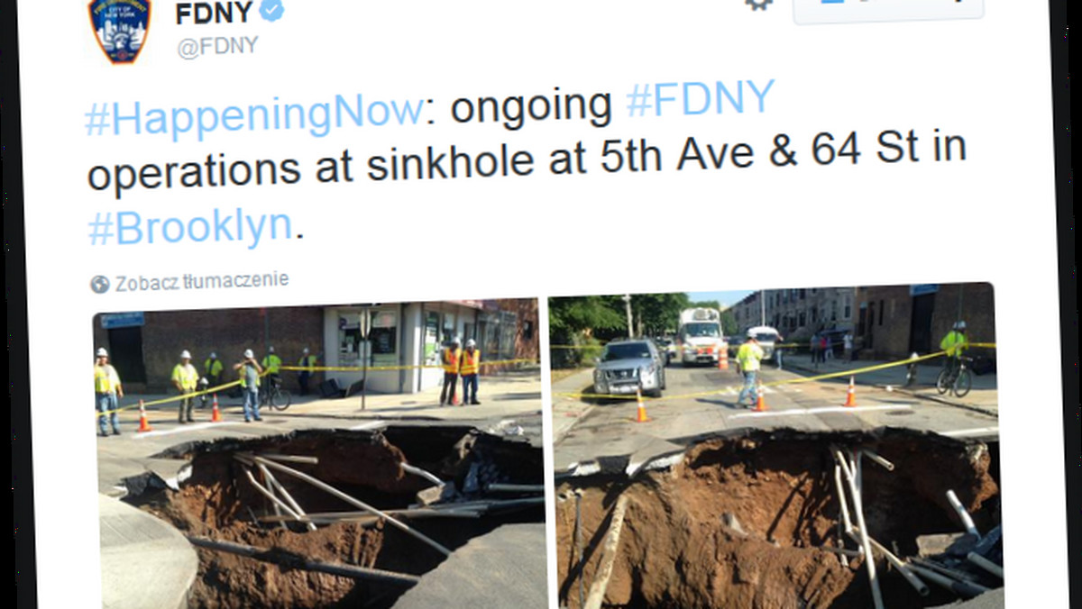 Dziś rano, na jednym z ruchliwych skrzyżowań na Brooklynie doszło do zapadnięcia się ziemi, w wyniku którego powstała dziura o ponad 7,5-metrowej średnicy, poinformował serwis MyFoxNY. Na szczęście nikt nie został ranny.