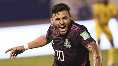 Mexico's Alexis Vega celebrates a goal in a 2-1 win over Jamaica in 2022 World Cup qualifying for the North and Central America and Caribbean (CONCACAF) region Creator: Ricardo Makyn