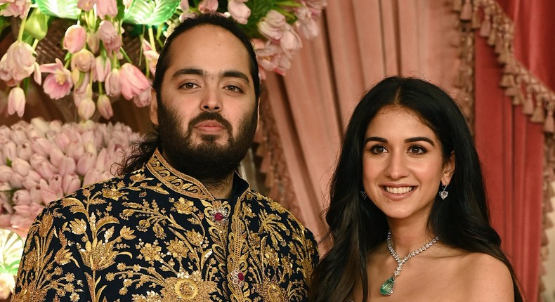 Anant Ambani and Radhika Merchant on July 5 at their sangeet.SUJIT JAISWAL/Getty Images