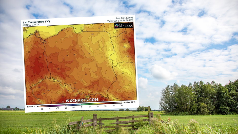 W weekend upały odpuszczą, ale słońca mimo to będzie sporo (mapa: wxcharts.com)