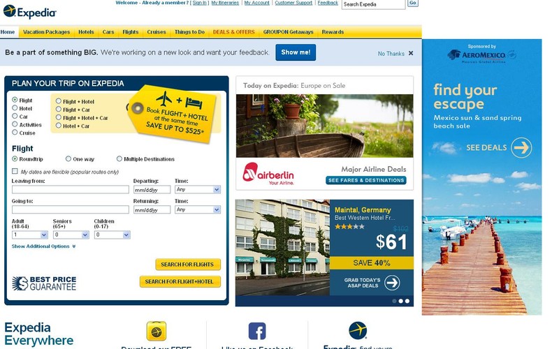 Expedia.com – ta strona działa na podobnej zasadzie, jak dwie poprzednie. Wyszukuje najtańsze połączenia, skanując oferty linii lotniczych z całego świata. Dodatkowo użytkownik ma możliwość sprawdzenia dostępności wolnych miejsc w samolocie i wybranie najlepszej dla siebie oferty. Oprócz tanich lotów na Expedii można porównać hotele, ubezpieczenia – słowem wszystko to, co jest potrzebne do zarezerwowania taniego wyjazdu.