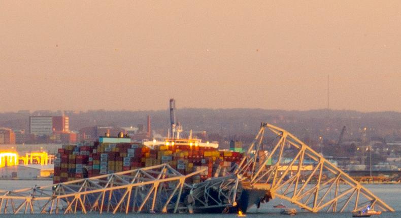 The remains of the Francis Scott Key Bridge in Baltimore after it was struck by a container ship Tuesday.Roberto Schmidt/AFP/Getty Images