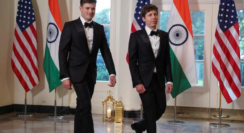 OpenAI CEO Sam Altman, right, with his boyfriend, Oliver Mulherin, at a White House dinner in late June. Altman said the couple wants to have children.JULIA NIKHINSON/Getty