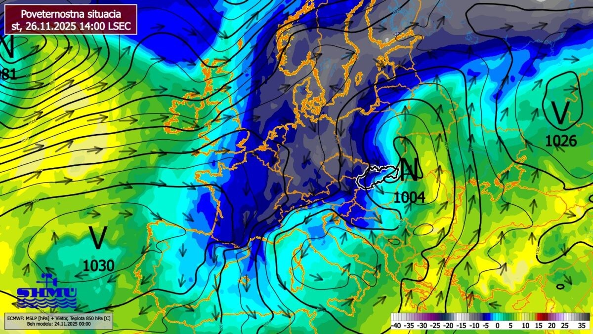 Poveternostná situácia na Slovensku v stredu 26. novembra o 14.00.