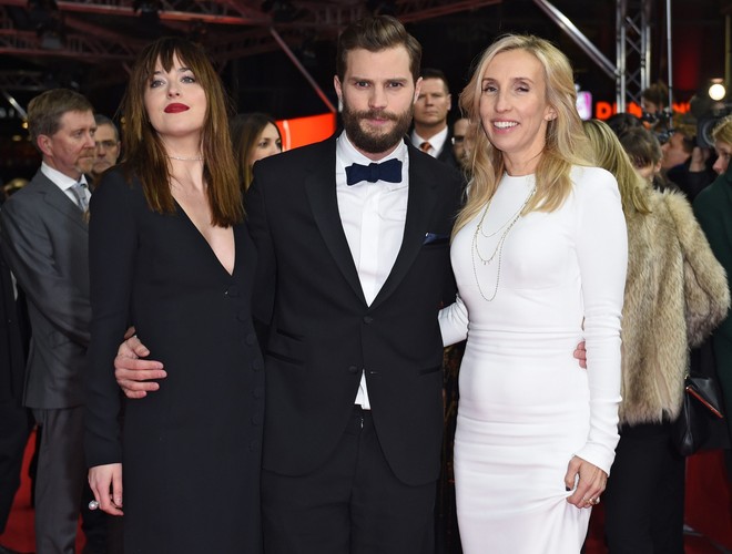 Dakota Johnson, Jamie Dornan i Sam Taylor-Johnson na premierze 'Pięćdziesięciu twarzy Greya' w Berlinie
